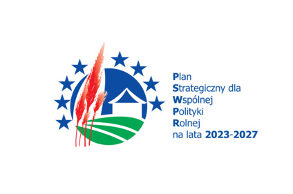 Logo Plan Strategiczny dla Wspólnej Polityki Rolnej na lata 2023-2027 - na logotypie 8 niebeiskich ghwiazdek, czerwone kłosy zboża, zielone pola oraz niebieski dom