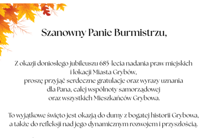 Gratulacje z okazji 685-lecia Miasta Grybów