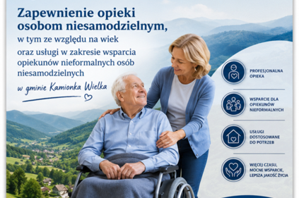 Zdjęcie przedstawiające kobietę pomagającą starszemu Panu z niepełnosprawnością ruchową na górskim tle, u góry tytuł projektu