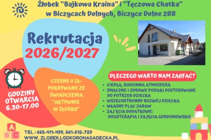 Plakat informacyjny dotyczący rekrutacji do żłobków w Biczycach Dolnych