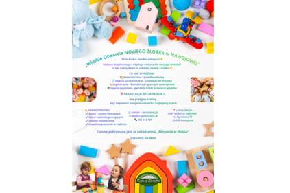 Plakat promujący rekrutację do nowego żłobka w Nawojowej